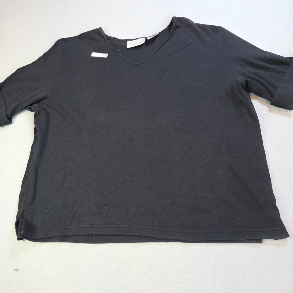 Basic Editions Black Cotton Notch Neck Short Sleeve Top XL Vintage Faded Style